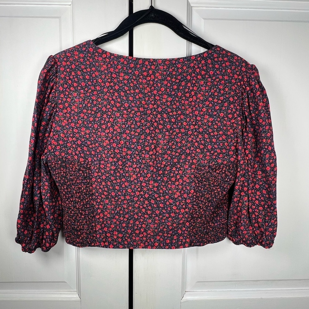 NWOT Zara Red and Black Floral Puff Sleeve Sweetheart Crop Top Side Smocked Sz M - Picture 4 of 7